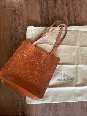 Patricia Nash Viana North/South Embossed Floral Leather Tote in Cognac Brown